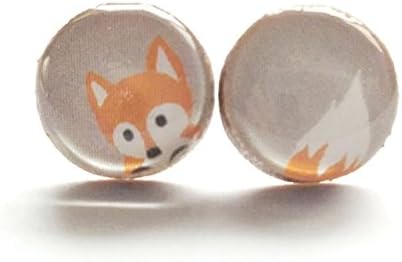 Orange fox head and tail on gray background wood stud earrings 10mm