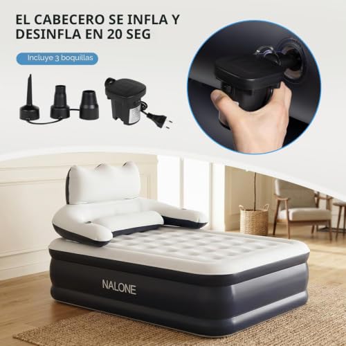NALONE Inflatable Mattress with Integrated Pump & Integrated Backrest, 2 Seater Inflatable Mattress, Self-Inflating Inflatable Bed for Camping and Home, 195 x 142 x 45 cm (Full) | Self-inflating inflatable bed with built-in headboard, for home and camping, comfortable and compact