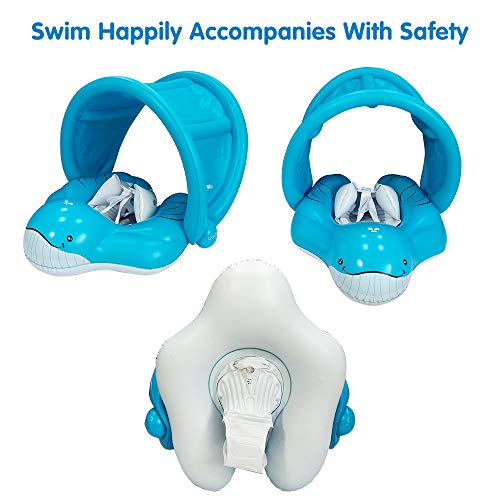 relaxing baby Inflatable Swimming Float Ring with Adjustable Sun Canopy Baby Swimming Pool Float with inflator Pump Anti-Slip Whale Shape Baby Floats for Pool
