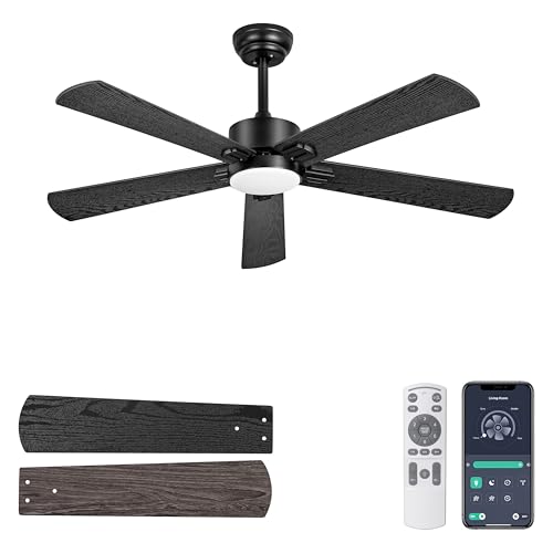 Ohniyou Ventilador de Techo de 52 Pulgadas, Luz Regulable y Control Remoto, 6 Velocidades, Motor DC Reversible Silencioso, Ventilador de Techo de 5 Palas para Dormitorio, Patio, Oficina (Negro)