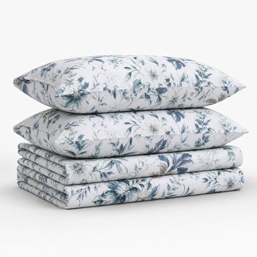 Tribeca Living Twin XL Bed Sheet Set, 300 Thread Count Soft Cotton Sateen, Floral Print with Extra Deep Pockets, 3-Piece Bedding Set, Vernazza Blue/Multicolor