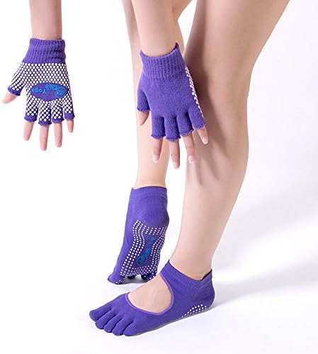 Yhao Professional Non Slip Yoga Women Pilate Socks and Gloves Set With Grip Skid (Purple Backless)