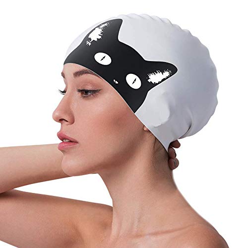 iwobi Cartoon Cat Swimming Cap for Men Women Ladies Adult,Waterproof Silicone Swimming Hat