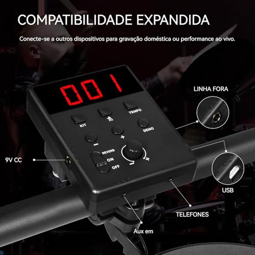 VEDO Bateria Eletrônica Portátil para Iniciantes com 4 Almofadas Silenciosas, 200 Sons, Banco Ajustável, Pedais Duplos e Fones de Ouvido - Kit Completo para Estúdio e Performances ao Vivo