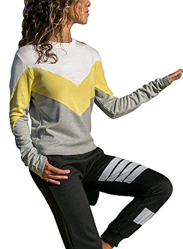 FIYOTE Women Chevron Patchwork Tricolor Spliced Sweatshirt Casual Blouse Large Size Yellow