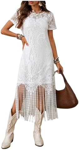 Amazon.com: Fringe Cowgirl Dress for Women Western Fringe Dress Long Seleve  Sexy Deep V Neck Lapel Vintage Cowgirl Dress with Belt (White,Small) :  Clothing, Shoes & Jewelry