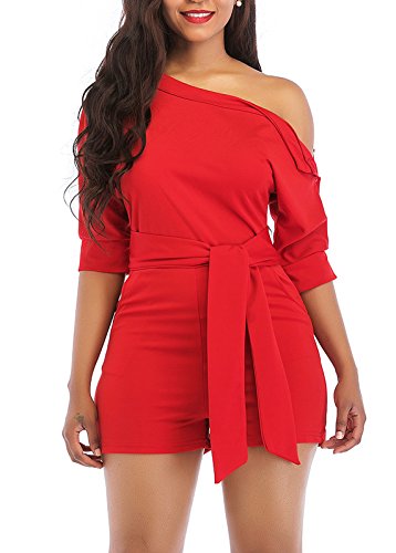 LAJIOJIO Womens Summer Shorts Jumpsuit Off Shoulder High Waist Jumpsuits Romper with Belt Red