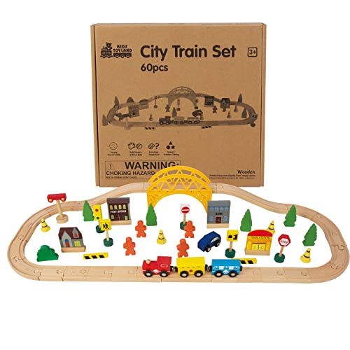 60Pcs Train Set for 3 Year Old Boys, DoubleSide Wooden Train Set