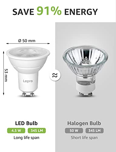 Lepro GU10 LED Warm White Dimmable Lamp, 4.5 W, 345 Lumen, 2700 K Warm White, 38° Beam Angle, Energy Saving, LED Light Bulb for Ceiling Light, Living Room, Kitchen, Bedroom, Pack of 10