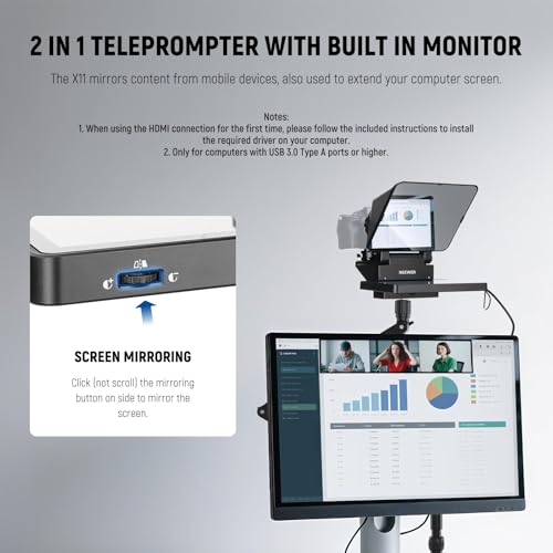 NEEWER 2 in 1 Teleprompter 11 Inch with Monitor, Supports Screen Mirroring, Portable Prompter for Camera Mobile Phone Webcam Windows MacOS for YouTube Twitch Live Streaming Conference, X11