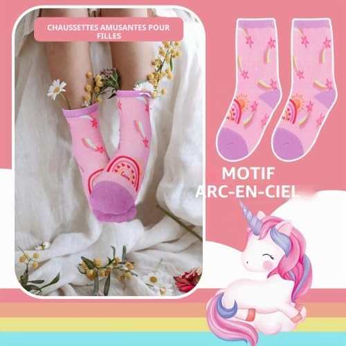 Lot de 6 Paires de Chaussettes Enfants Filles Rayures Colorées Arc-en-ciel Nuages Étoiles Chaussettes Crew Cadeau Doux de 5 à 8 Ans Taille 28-31