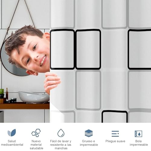 PANGP Cortina de Ducha para Baño, 180 * 200cm Cortinas de Regadera Impermeable de Patrón Cuadrado Grande con Ganchos, Cortina de PEVA Antimoho, Antibacteriano, para Duchas de Baño y Bañeras