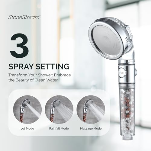 Shower Head High Pressure by StoneStream® Original Filter Shower Head for Hard Water with 3 Spray Settings — with EcoStop Button (ON/Off) for Non-Electric Showers Only