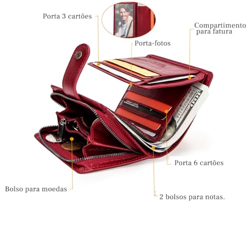 CONTACTS Carteira de Couro Legítimo Feminina com Porta-Cartões (11 Slots), Porta-Foto, Porta-Moedas, Compartimento para Cédulas e Recibos, Leve e Proteção RFID – Cor Vermelho