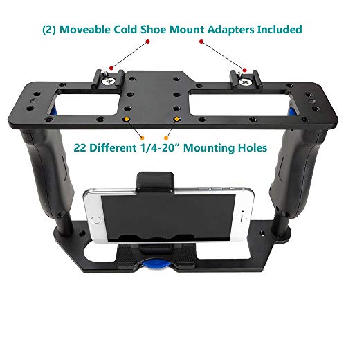 iShot Pro Universal Smartphone Premium Aluminum Video Rig Camera Tripod Mount Holder Stabilizer Handle Cage - Compatible with iPhone Samsung Android Google Sony GoPro Camcorder DSLR LED Mic and More