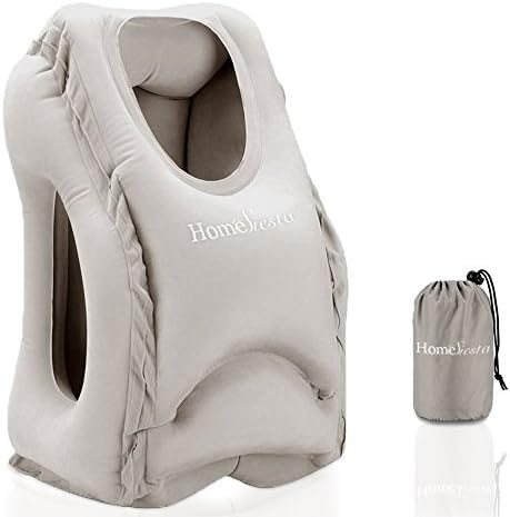 HomeSiesta Airplane Pillow - Inflatable Travel Pillow for Airplanes, buses and Trains Napping, Ergonomic Soft Head Neck and Chin Support Pillow For Long Flights, Portable With Fast Inflating (Grey)