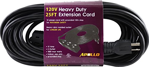 Apollo Horticulture 14 Gauge 120V Heavy Duty 25ft Extension Cord with 3 Outlet Power Strip