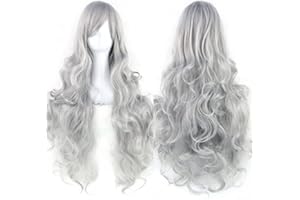 IMISSU 80cm Long Curly Natural Hair Cosplay Wig with Bangs Colorful Halloween Costume Party Wigs for Women (Gray)