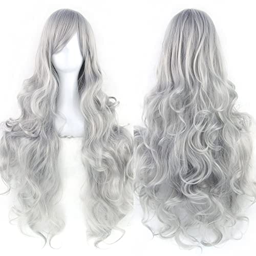 IMISSU 80cm Long Curly Natural Hair Cosplay Wig with Bangs Colorful Halloween Costume Party Wigs for Women (Gray)
