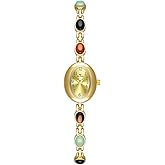 CARLIEN Womens Gold Petite Vintage Colorful Jade Crystals Beaded Waterproof Watch Small Pearl Oval Dial Arabic Numerals Fashion Bracelet Wrist Watch