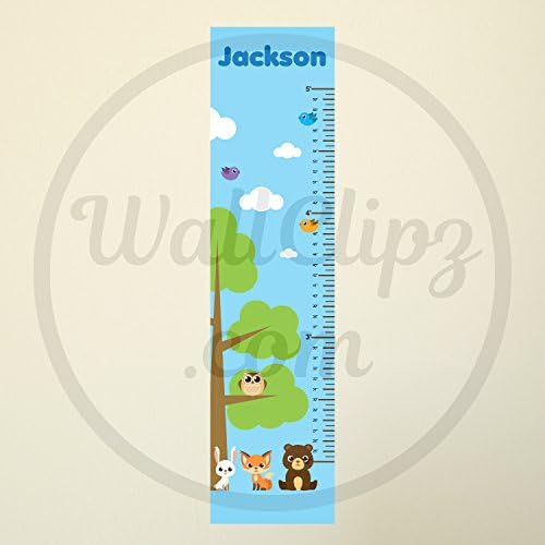 WallClipz Personalized Growth Chart FABRIC Wall Decal, Forest Animals Tree with Name on Blue, Height Ruler Measurement, Peel and Stick Fox Owl Bear Kids Nursery Measuring, MADE IN USA