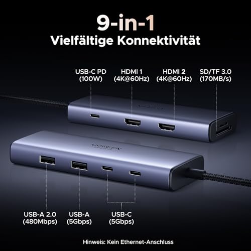 UGREEN Revodok USB C Hub Dual HDMI, Docking Station 2 Monitors with SD/TF Card Reader 170MB/s, 2 HDMI 4K@60Hz, 5Gbps USB Data Ports, PD 100W Fast Charging Compatible with MacBook Air/Pro, ThinkPad etc