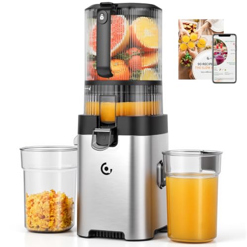 AMZCHEF Juice Extractor, Slow Juicer with XL Opening of 158MM, Capacity of 2.5L, Cold Pressed Blender for Whole Fruits and Vegetables, Stainless Body, Easy Assembly and Cleaning, Silver/Black