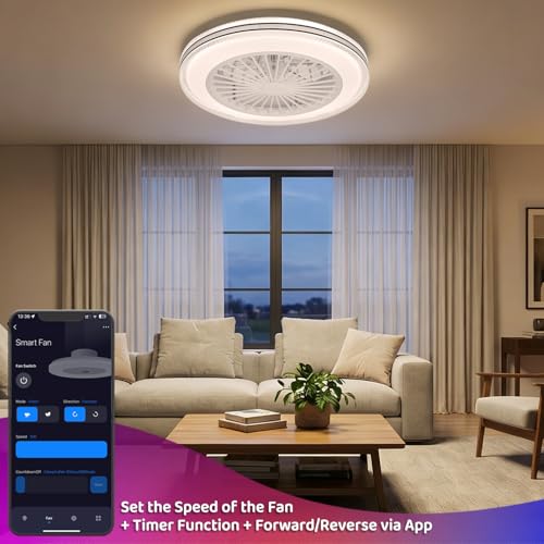 WUTGHUI Ceiling Fan with Light and Remote Fandelier Caged Low Profile Smart Ceiling Fan Light 2700K-6500K, Flush Mount Fan Light with Remote/APP/Alexa Voice Control/Google Home