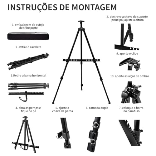 Cavalete De Pintura Em Tela Portátil e Ajustável 1,60m – Leve, Dobrável, Resistente, Ideal para Artistas, Estúdios, Escolas e Pintura ao Ar Livre Suporte Cavalete De Artista Preto Linha Super Premium