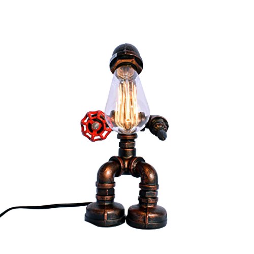 Lingkai Desk Table Lamp Industrial Retro Steampunk Desk Lights Rust Iron Robot Plumbing Pipe Light Table Light with Red Valve Handle and Switch