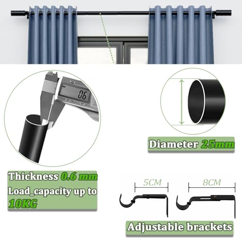 Extendable Curtain Rod Curtain Rod with Adjustable Brackets for Living Room, Bedroom, Diameter 25 mm, 84 – 220 cm (White)