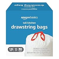 Amazon Basics Trash Bags, Tall Kitchen Drawstring, Unscented, 13 Gallon, 120 Count, Pack of 1