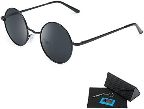 Shushu Jacob Unisex Polarized Sunglasses UV400 Protection 60s Style Round Metal - Gray Lenses Black Frame