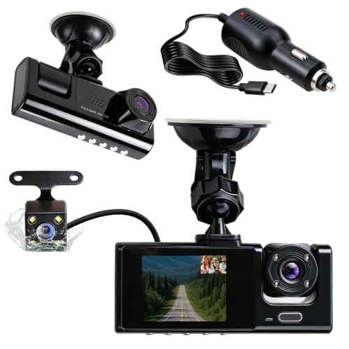 Angulo Ultraamplio 170° 3 Cameras 1080P Car Dashcam, Night Vision IR G-Sensor, 24H Parking Mode, Built-in WiFi Loop Recording, Ideal for VTC Driver and Car Security