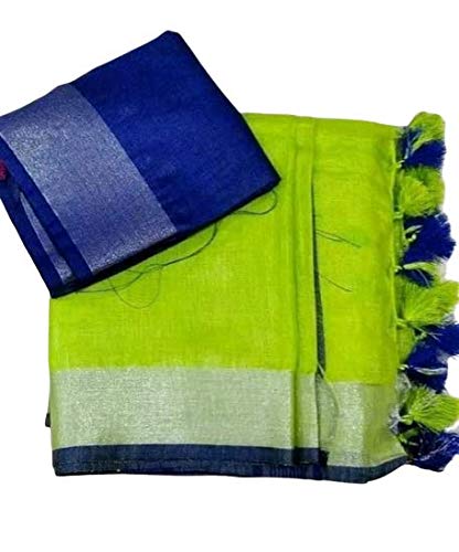 Parrot Green Khadi Linen Silk Saree For Women With Blouse Piece(Silver Zari)