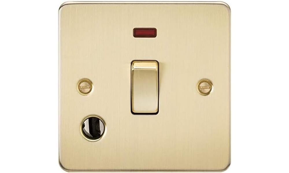 Knightsbridge FPAV8341FBB Flat Plate 20A 1G Dp Switch with Neon & Flex Outlet-Brushed Brass