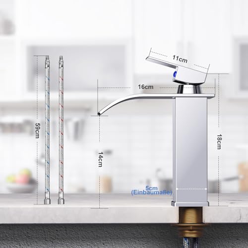 Waterfall Bathroom Sink Tap, Bathroom Sink Mixer, Brass and Stainless Steel Chrome Bathroom Mixer Tap (Including 60 cm Hose)
