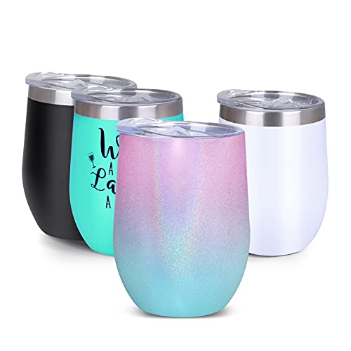 12 oz Wine Tumbler with Leakproof Lid, Stainless Steel Vacuum Insulated Wine Glasses Stemless, Spill Proof Travel Cup for Cocktails, Gift for Women, Mother, Wife, Girls, Pink-blue Gradient 1 pack