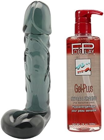 Spartacus Nonporous Blown Realistic 8 inch Glass Dong with Balls Charcoal & Paraben Free 19 Oz Pump Bottle ForPlay Gel Plus Hypoallergenic Water-based