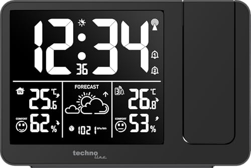 Technoline WT548 - Despertador con proyección, Radio Despertador con pronóstico del Tiempo, Temperatura Interior, Humedad Interior, indicador de Temperatura Exterior, transmisor Exterior, Pilas
