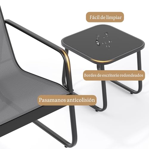 Juego de 2 sillas de patio, juego de muebles de patio de 3 piezas, juegos de bistró, con tela de textileno, mesa auxiliar con marco de metal, juego de sillas para exteriores, para balcón