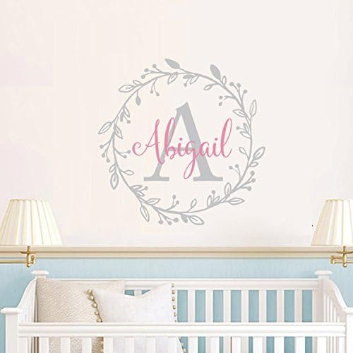Name Wall Decal Personalized Girls Name Wall Decal Monogram Flower Wreaths Wall Decal Baby Nursery Decor (Blush+Slate gray,22"h x 22"w)
