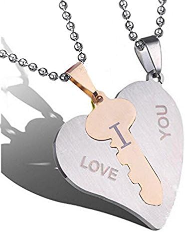 Raki I love you pendants couple pendant necklaces heart key pendant necklaces jewelry Stainless steel chain lovers long necklaces (bronze)