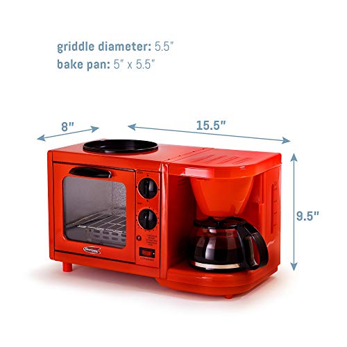 Maxi-Matic EBK-200R Coffee Maker Toaster Oven Griddle 3-in-1 Multi-function Breakfast Center, Regular, Red