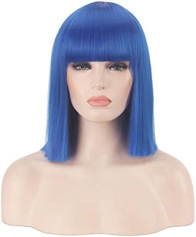 COSIN 14’’Straight Bob Wig Shoulder Length Natural Flat Bang Wig with Free Wig Cap (Blue)