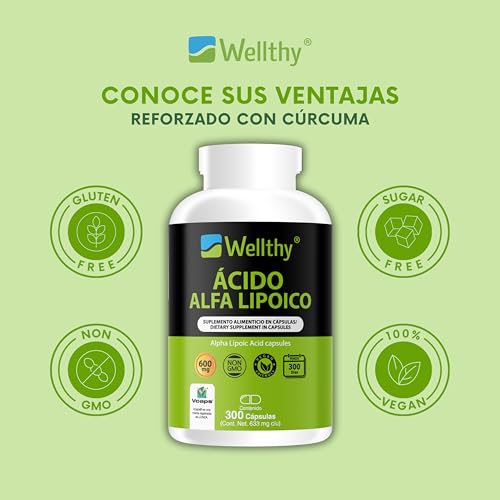 Wellthy Ácido Alfa Lipoico 600mg en 300 Cápsulas. 10 Meses de Consumo, NON GMO, Vegan Friendly, VCaps Tecnología Cápsulas Veganas.
