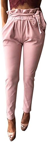 FBIIIOU Womens Straight Leg High Waist Slim Casual Pants Drawstring Pocket Slacks,M(US8-10),Pink