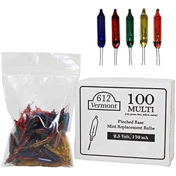 612 Vermont 2.5V Multi Mini Christmas Replacement Bulbs for Christmas Trees and Incandescent String Lights, Pinched Base, 100 Count (0.42 Watt, 170 mA)
