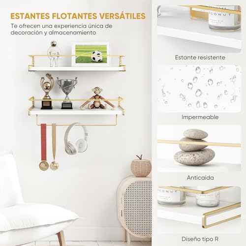 LUMOKU Juego de 2 Repisas Flotantes de Pared,Estantes Flotantes con toallero,Estante de Almacenamiento Repisas para Baño Cocina Cuarto Estar Oficina Dormitorio (Oro Blanco)