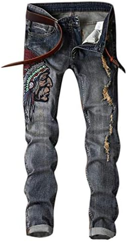 worclub Men's Jeans,Fashion Ripped Hole Jeans Pants, Indians Embroided Retro Jeans